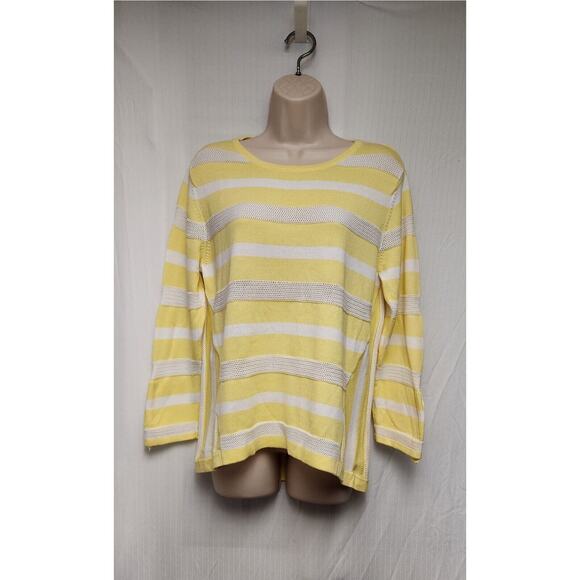Zenergy By Chico's Striped Knit/Mesh Sweater Yellow/White Roll-Tab Sweater 2-L - Picture 3 of 7